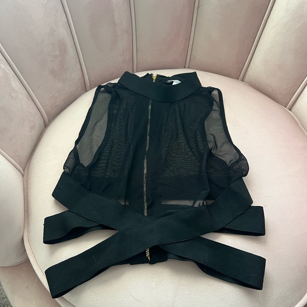Iheartraves Black Sheer Top with Gold Zipper - Picture 2 of 5